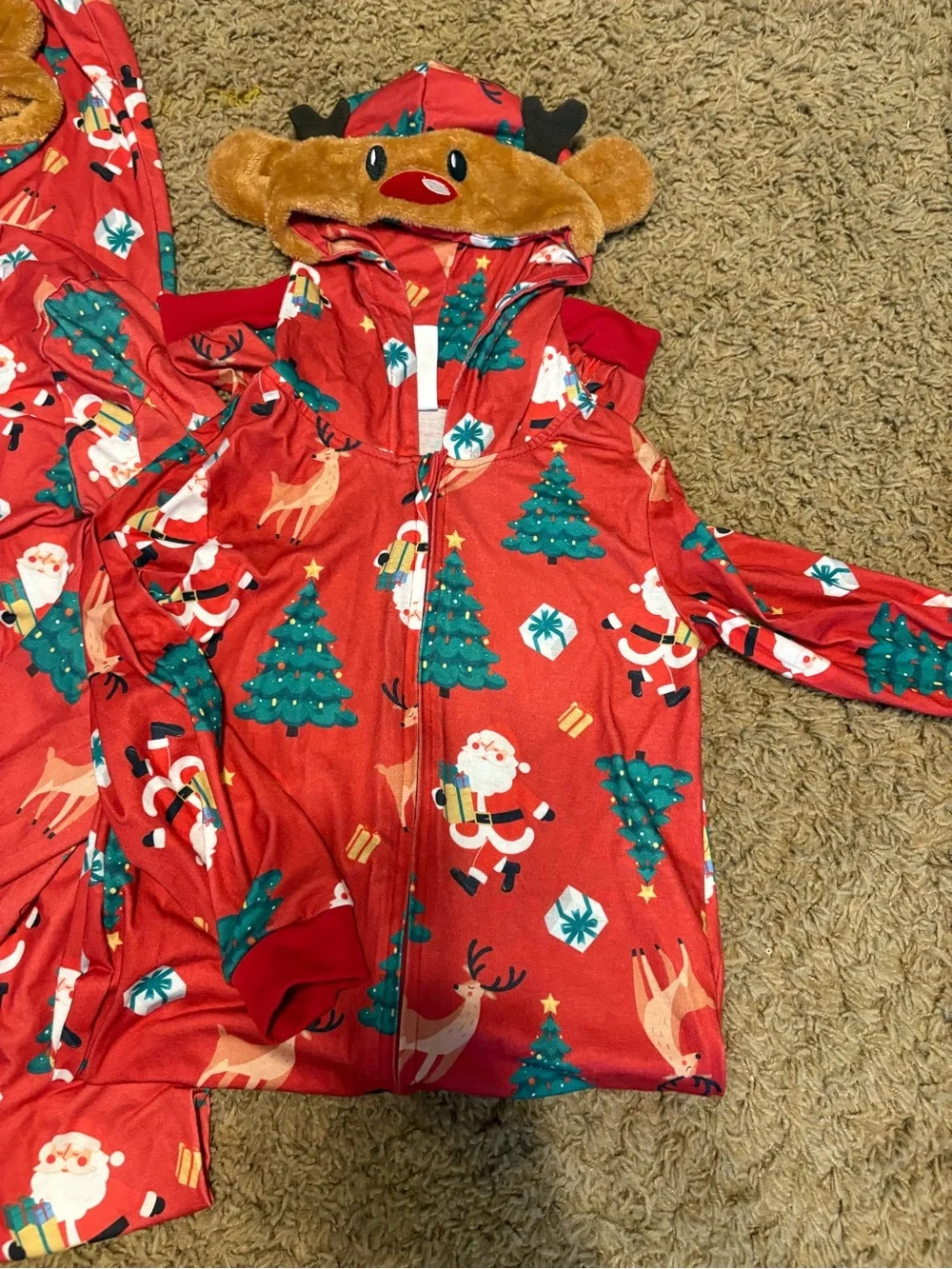 Cozy Mommy and Me Red Reindeer & Santa Holiday Hooded, Zipup Pajama Set